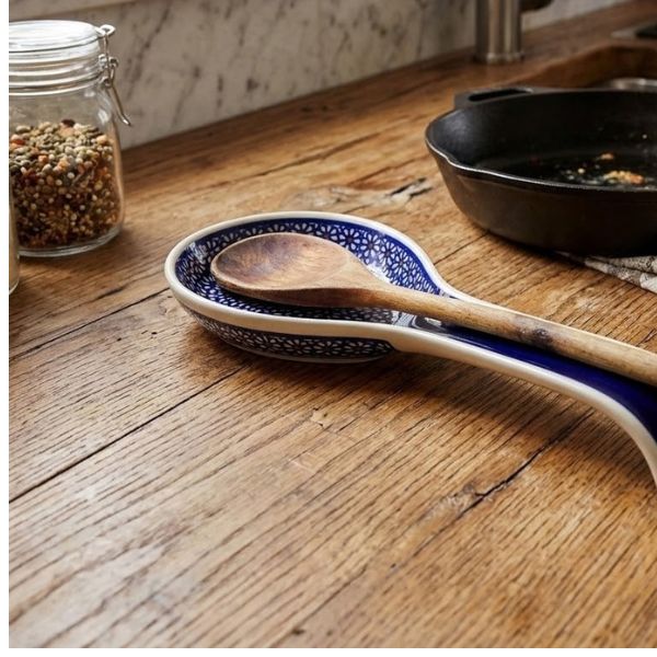 Handmade Polish pottery spoon rests from Boleslawiec in two sizes with a wooden spoon and ladle